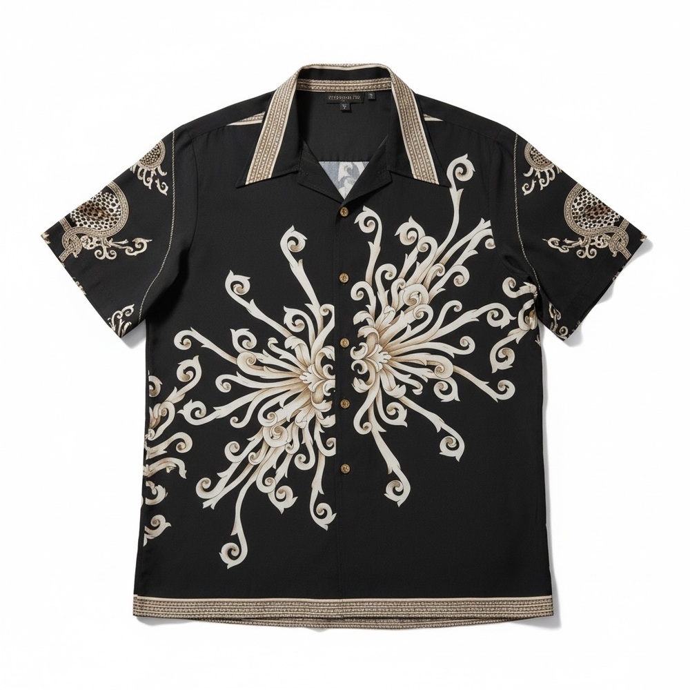 👕 Men’s Dark Green & Gold Baroque Print Button-Up Shirt | Resort / Statement